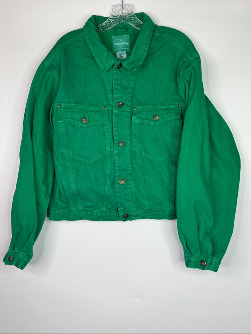Vintage Unionbay Bright Green Denim Button Trucker Jacket Size Large